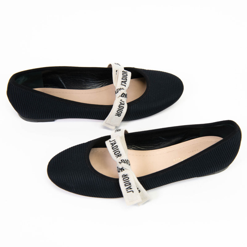 Christian Dior Black Fabric Ribbon Embroidered J'Adior Ballet Flats 38