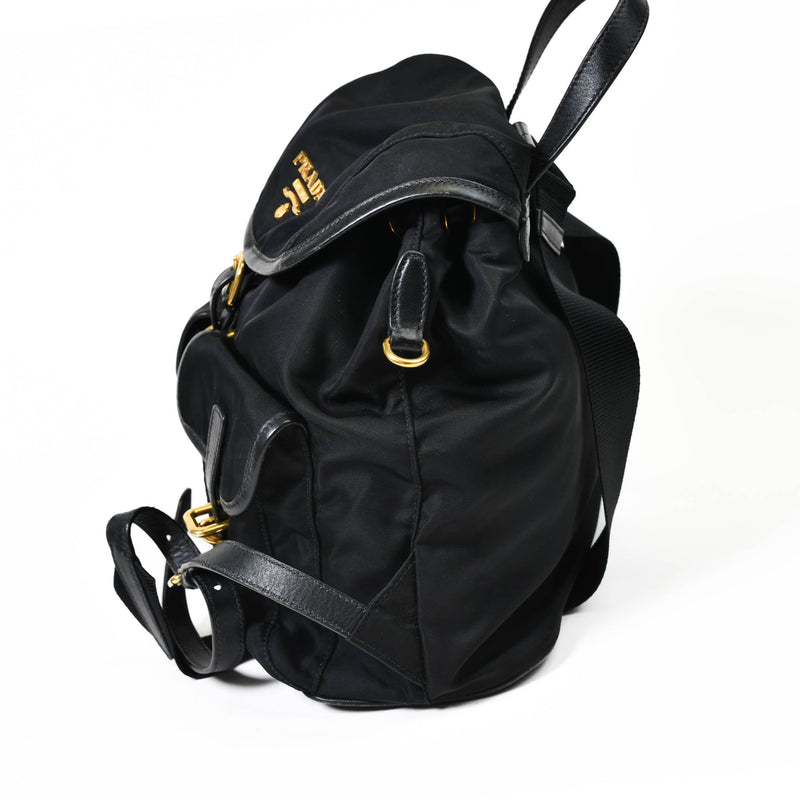 Prada Black Saffiano Trimmed Tessuto Drawstring Backpack