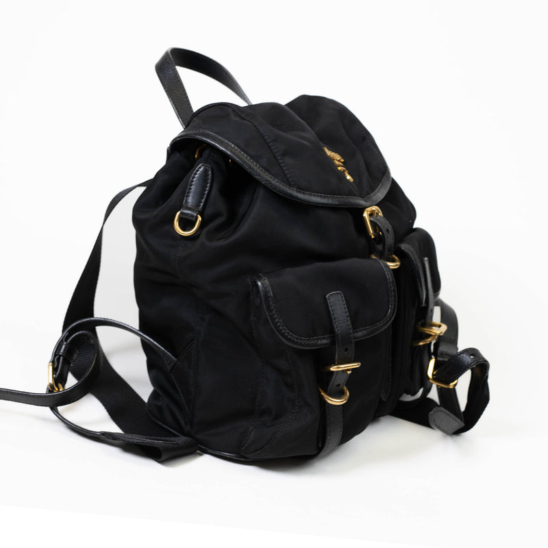 Prada Black Saffiano Trimmed Tessuto Drawstring Backpack