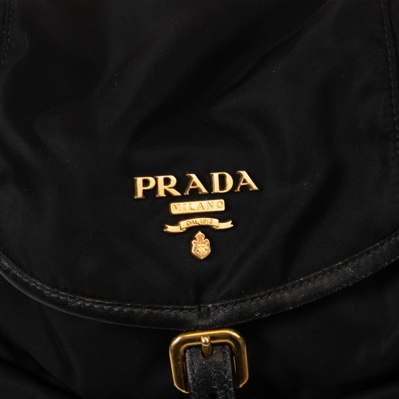 Prada Black Saffiano Trimmed Tessuto Drawstring Backpack