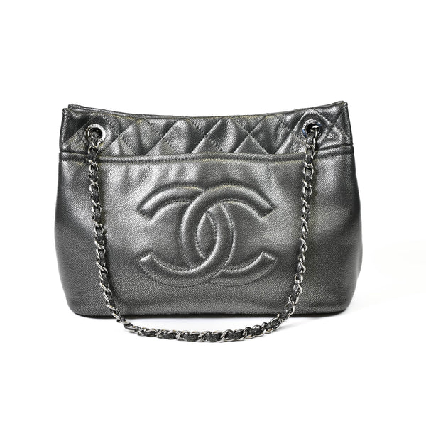 Chanel Dark Silver Metallic Caviar Quilted CC Timeless Tote