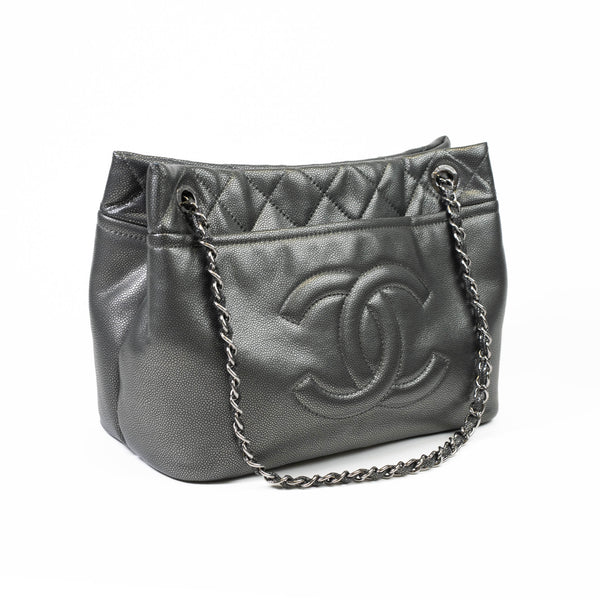 Chanel Dark Silver Metallic Caviar Quilted CC Timeless Tote