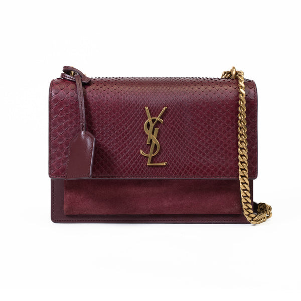 Saint Laurent Burgundy Embossed Leather & Suede Small Sunset Crossbody