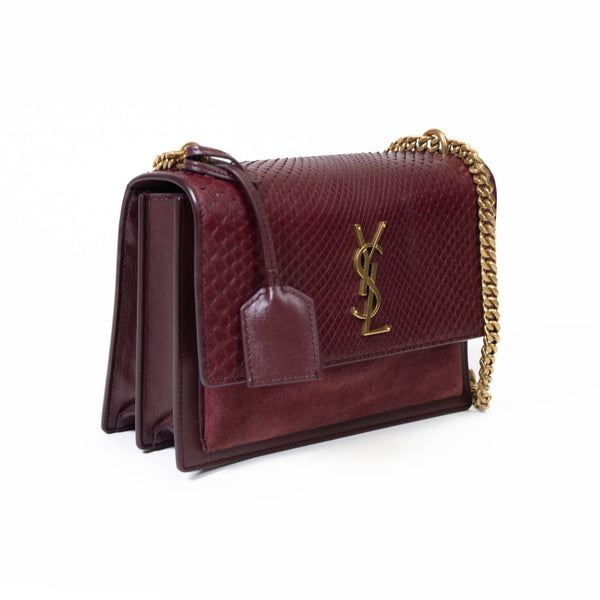 Saint Laurent Burgundy Embossed Leather & Suede Small Sunset Crossbody