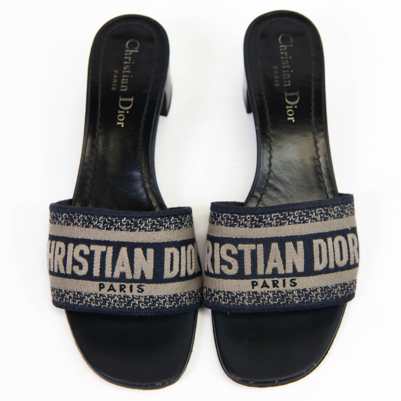 Christian Dior Black/White Embroidered Cotton DWay Slides Size 37