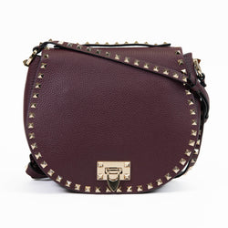 Valentino Burgundy Leather Rockstud Small Saddle Bag