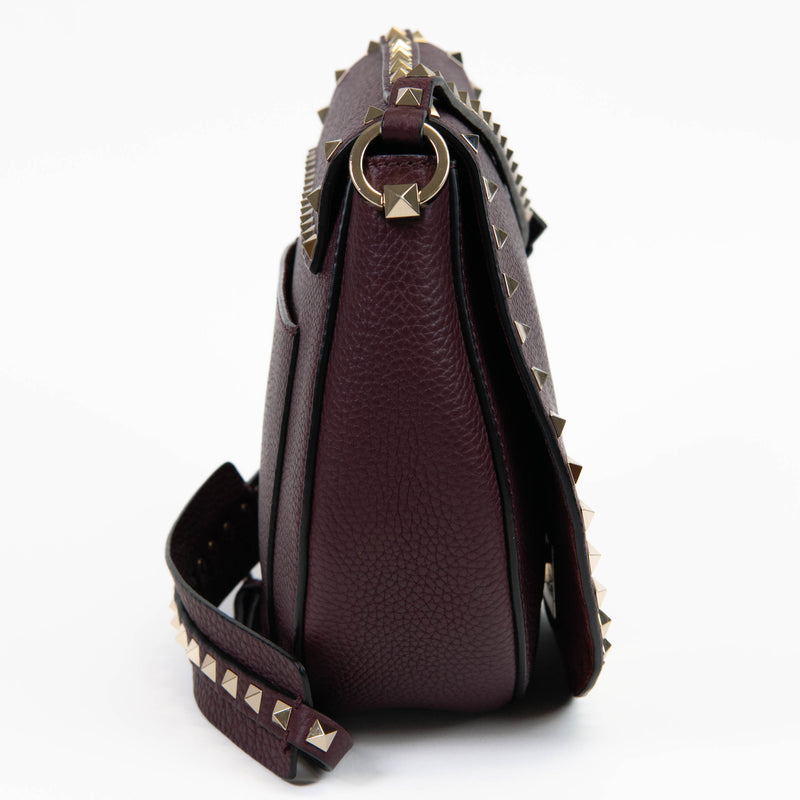 Valentino Burgundy Leather Rockstud Small Saddle Bag