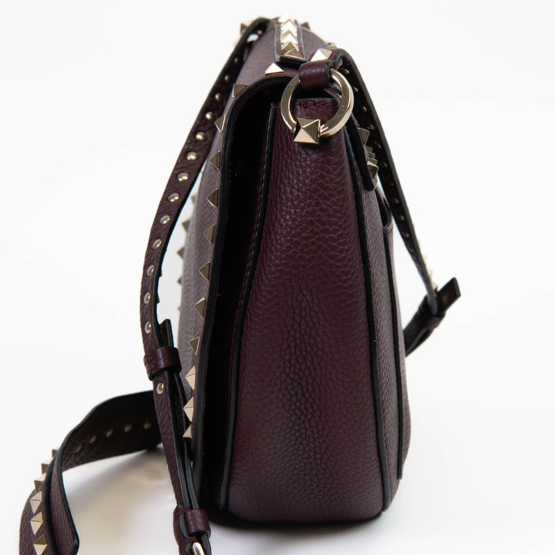 Valentino Burgundy Leather Rockstud Small Saddle Bag