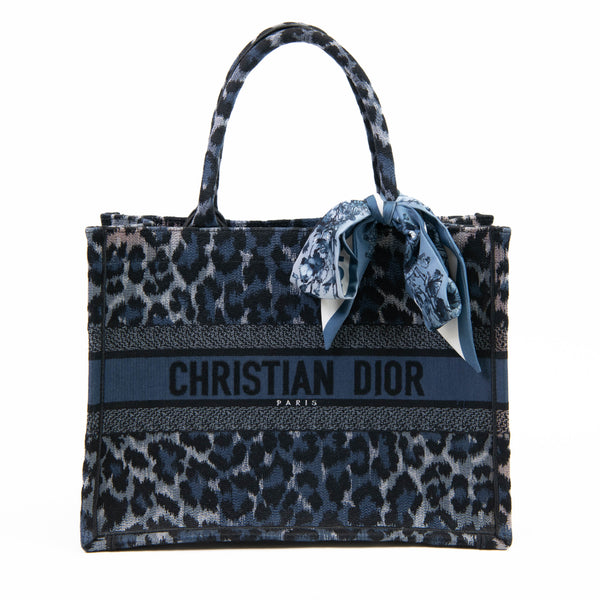 Christian Dior Blue Canvas Mizza Embroidered Medium Leopard Book Tote