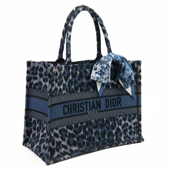 Christian Dior Blue Canvas Mizza Embroidered Medium Leopard Book Tote