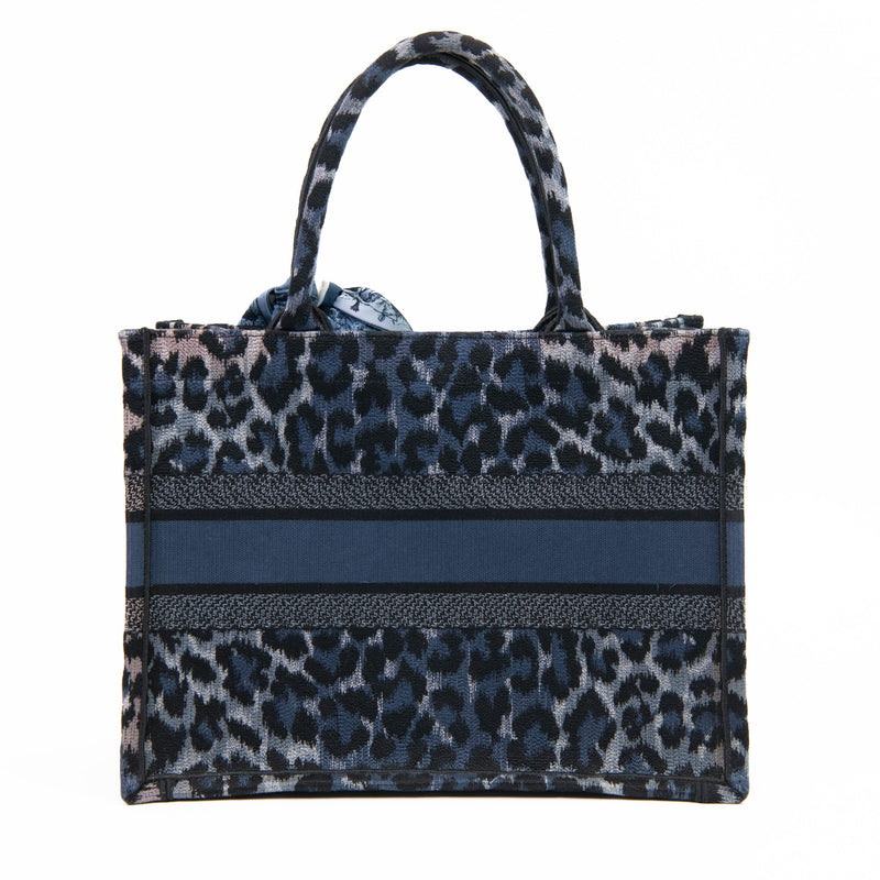 Christian Dior Blue Canvas Mizza Embroidered Medium Leopard Book Tote