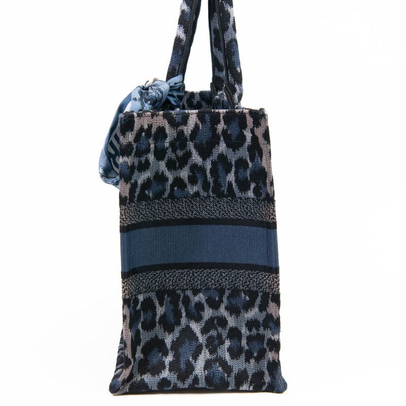 Christian Dior Blue Canvas Mizza Embroidered Medium Leopard Book Tote