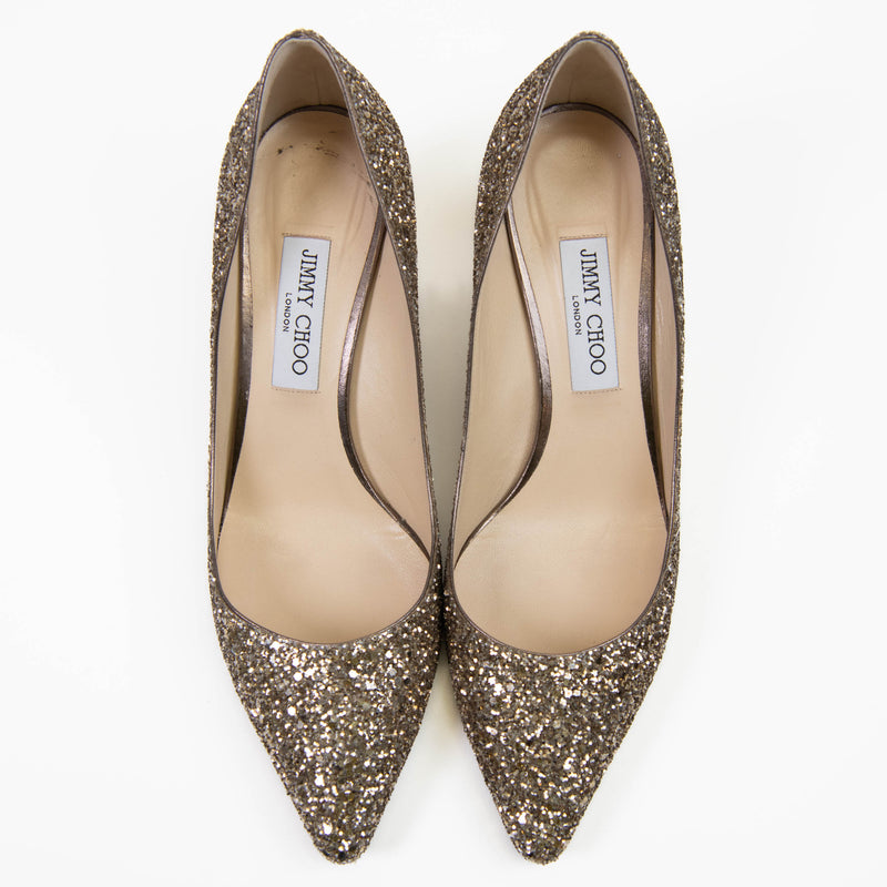 Jimmy Choo Gold Glitter Pointy Toe Romy 60 Pumps 41