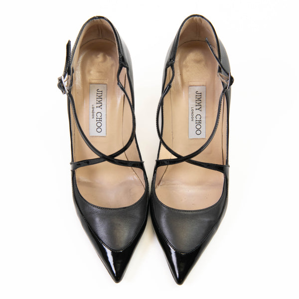 Jimmy Choo Black Leather Madera Cross Strap Pointed Toe Pumps Size 38