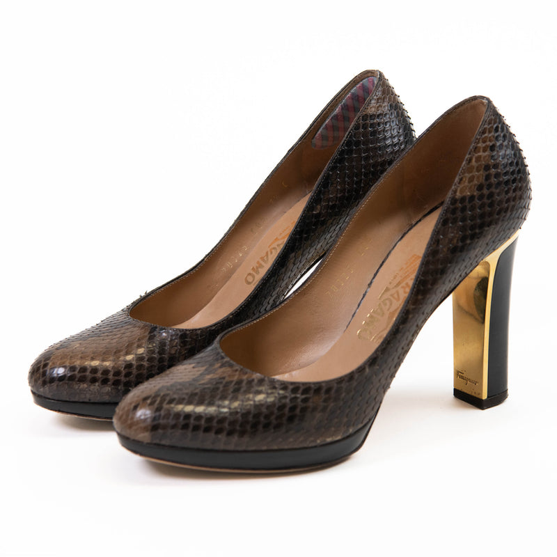 Ferragamo Dark Brown Tamina Python Metal Heel Pumps 7.5