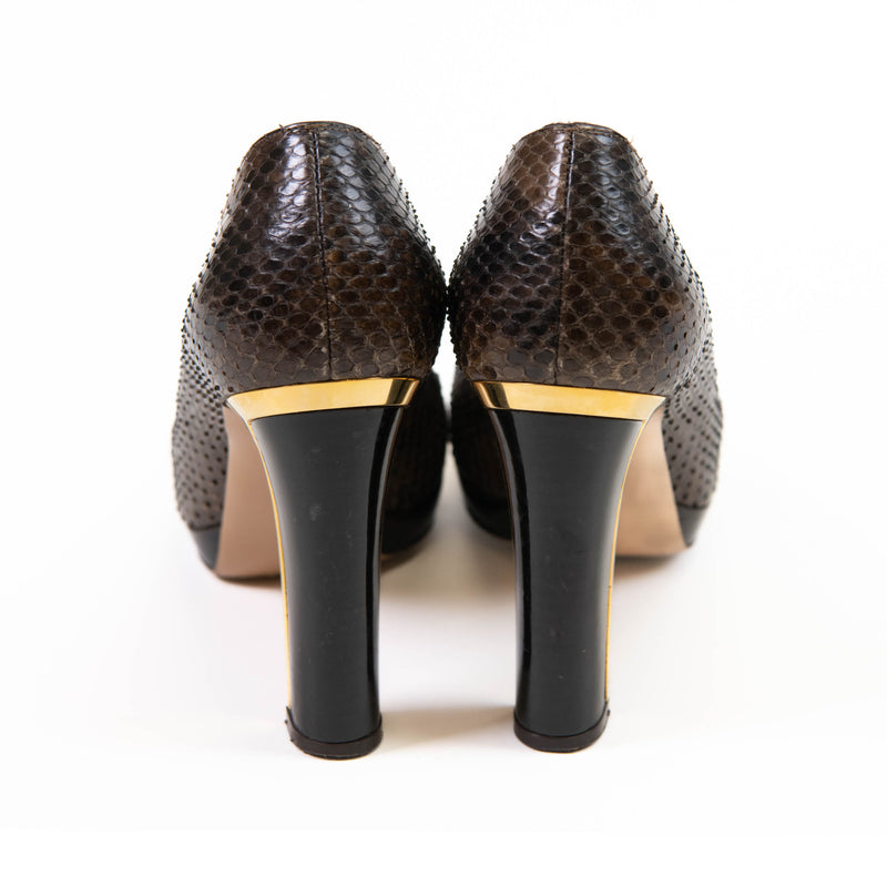 Ferragamo Dark Brown Tamina Python Metal Heel Pumps 7.5