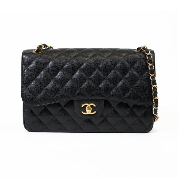 Chanel Black Caviar Quilted Leather Jumbo Double Flap Gold Hardware