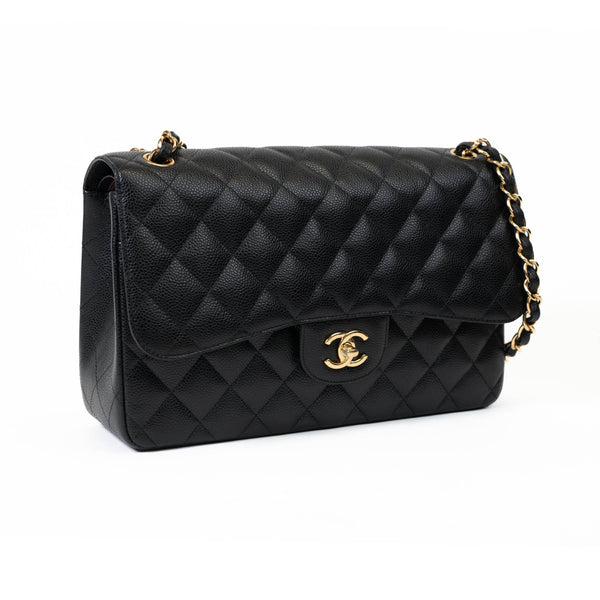 Chanel Black Caviar Quilted Leather Jumbo Double Flap Gold Hardware