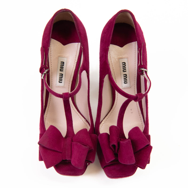 Miu Miu Pink Magenta Suede Bow Accents T-Strap Pumps 35.5