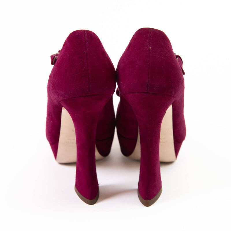 Miu Miu Pink Magenta Suede Bow Accents T-Strap Pumps 35.5