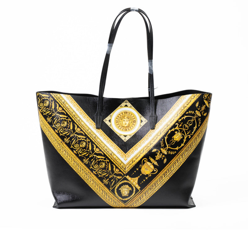 Versace Barocco Black & Gold Printed Canvas & Leather Trim Tote