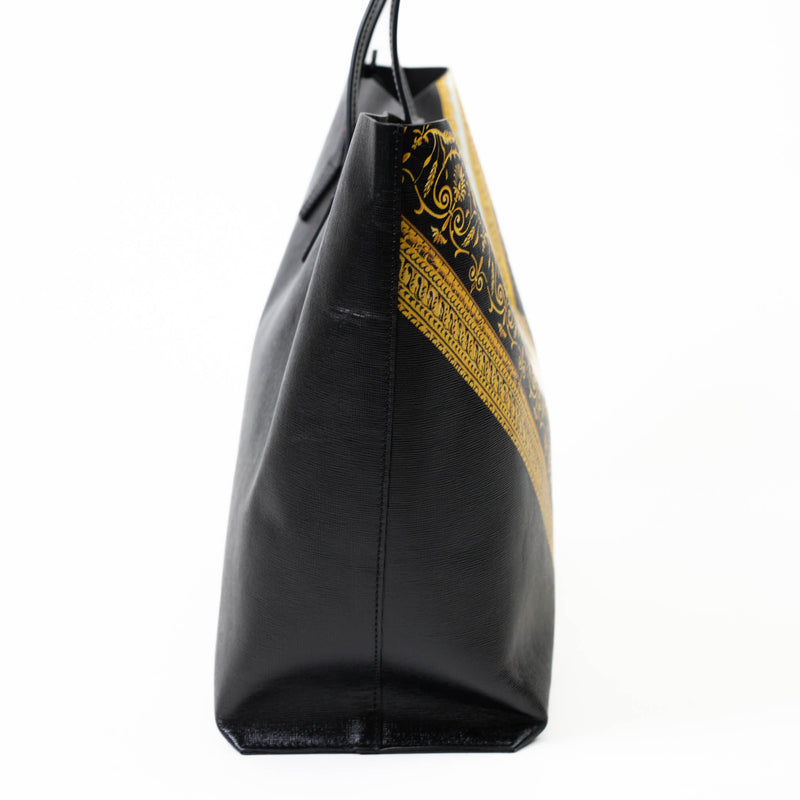 Versace Barocco Black & Gold Printed Canvas & Leather Trim Tote
