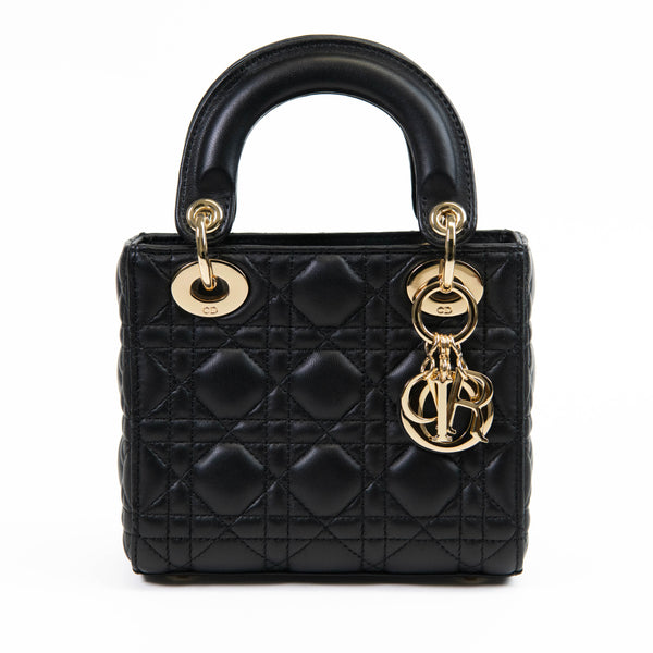 Christian Dior Black Lambskin Cannage Mini Lady Dior Crossbody