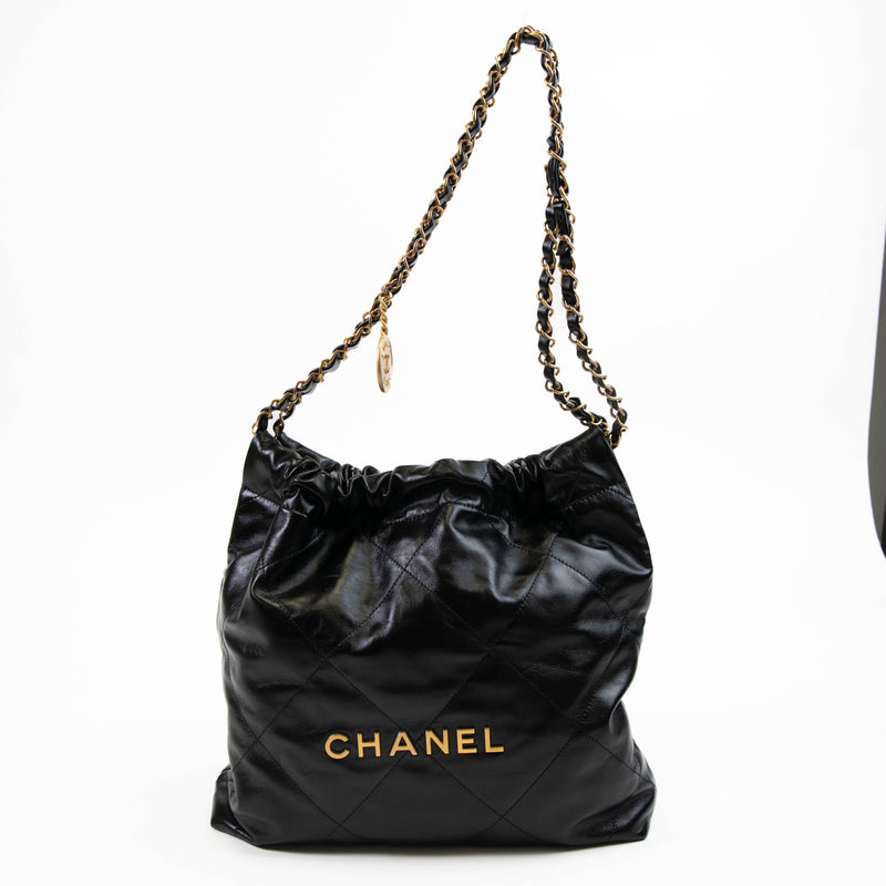 Chanel Black Calfskin Drawstring Chanel 22 Bag Medium Matching Pouch