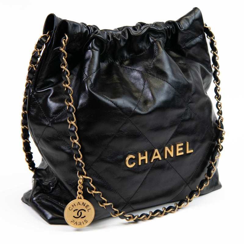 Chanel Black Calfskin Drawstring Chanel 22 Bag Medium Matching Pouch