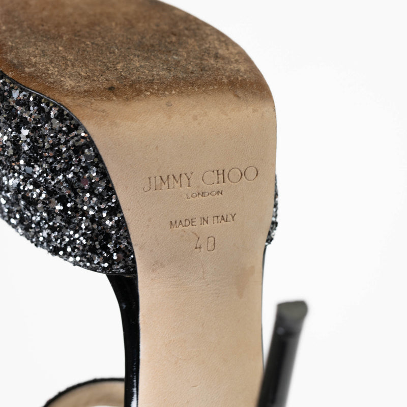 Jimmy Choo Black & Silver Glitter Ankle Strap Sandals Size 40