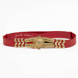 Judith Leiber Bold Gold Tone Lion Motif Belt Buckle With Red Lizard Grain Belt - one size