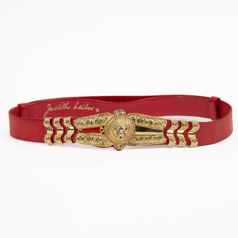 Judith Leiber Bold Gold Tone Lion Motif Belt Buckle With Red Lizard Grain Belt - one size