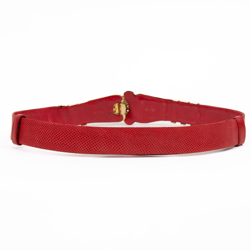 Judith Leiber Bold Gold Tone Lion Motif Belt Buckle With Red Lizard Grain Belt - one size