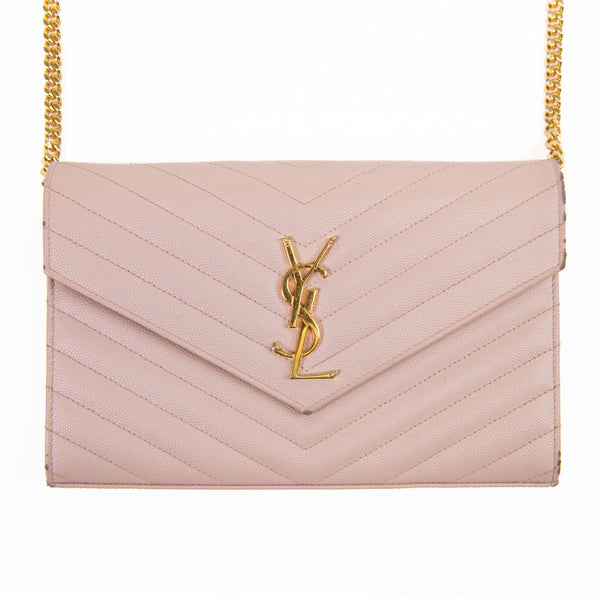 Saint Laurent Pale Pink Grain De Poudre Matelasse Chevron Monogram Chain Wallet on Chain