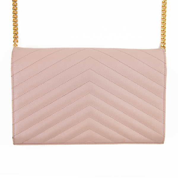 Saint Laurent Pale Pink Grain De Poudre Matelasse Chevron Monogram Chain Wallet on Chain