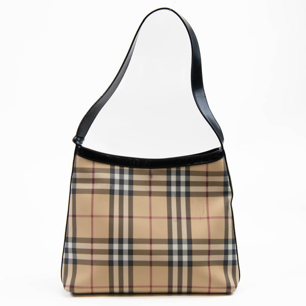 Burberry Black Leather Classic Check Coated Canvas Shoulder Bag