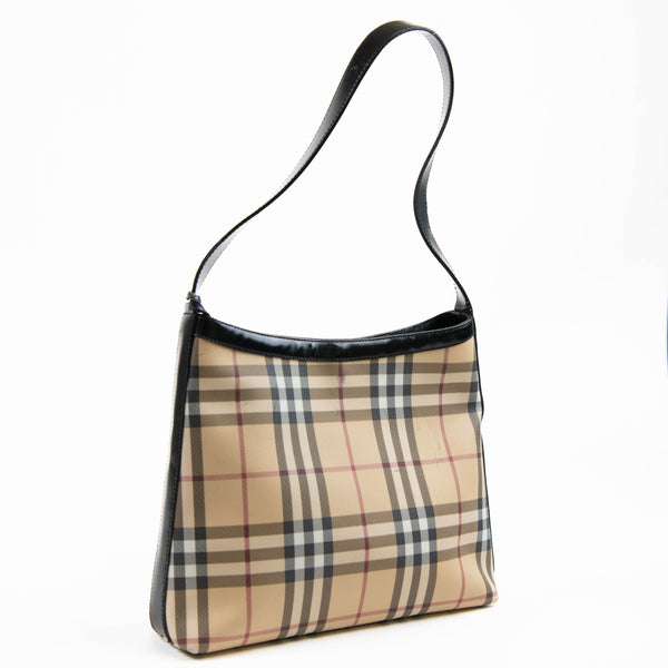 Burberry Black Leather Classic Check Coated Canvas Shoulder Bag