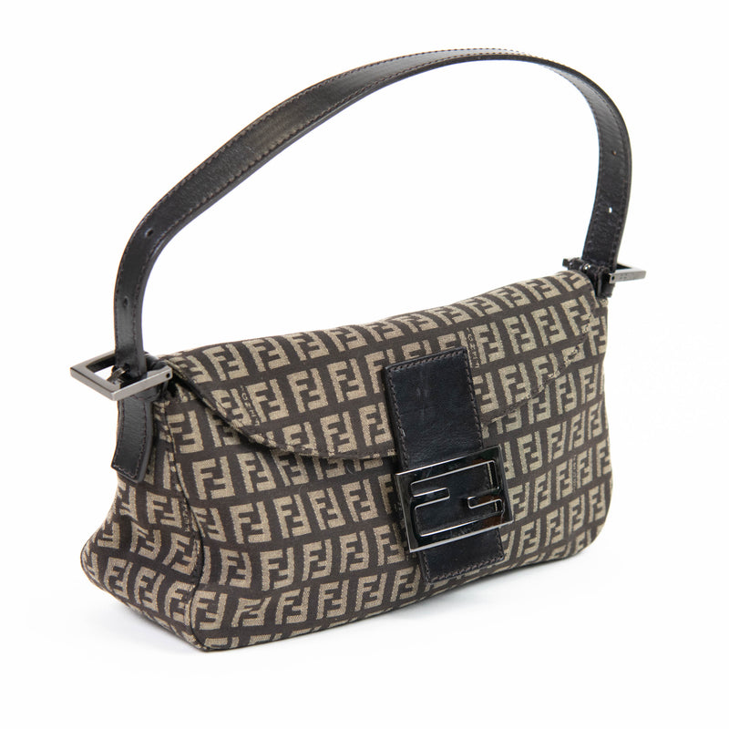 Fendi Zucchino Dark Brown Tobacco Canvas and Leather Baguette