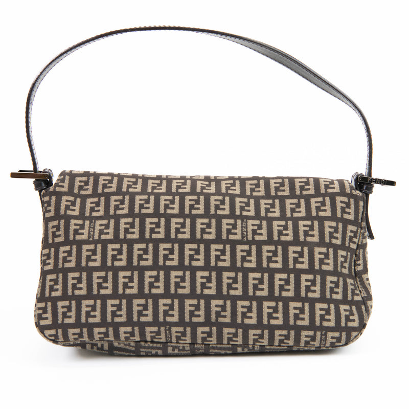 Fendi Zucchino Dark Brown Tobacco Canvas and Leather Baguette