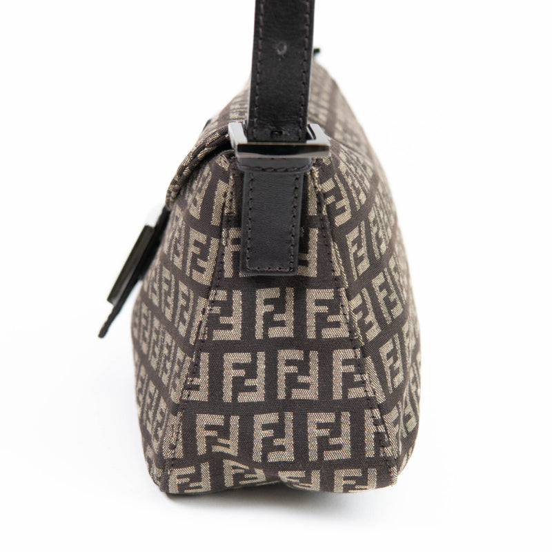 Fendi Zucchino Dark Brown Tobacco Canvas and Leather Baguette