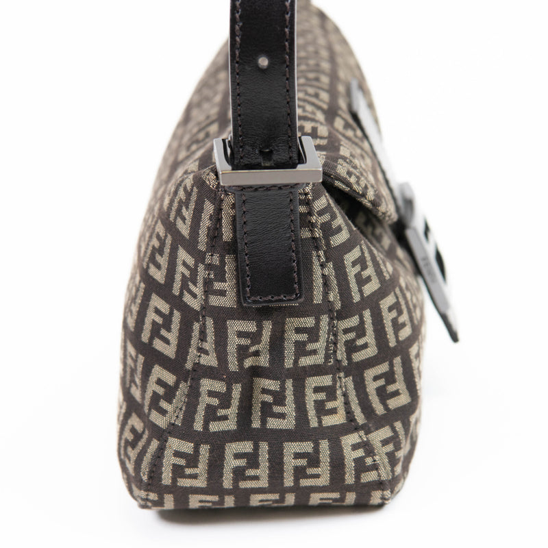 Fendi Zucchino Dark Brown Tobacco Canvas and Leather Baguette