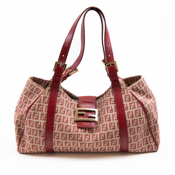 Vintage Fendi Red and Beige Canvas Zucchino Tote