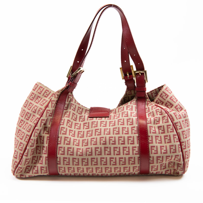 Vintage Fendi Red and Beige Canvas Zucchino Tote