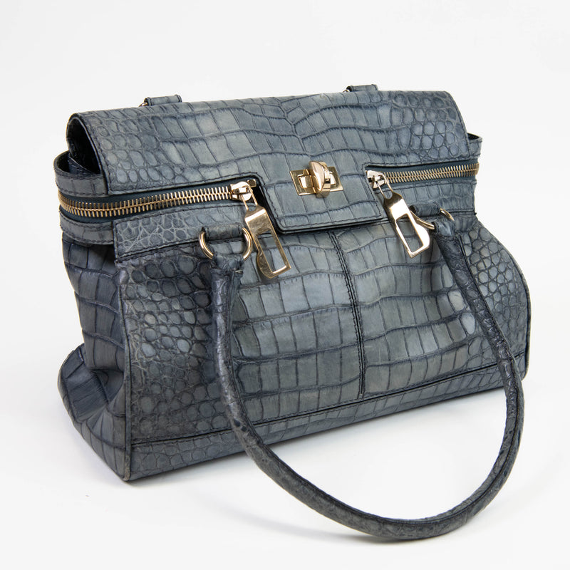 Max Mara Blue Double Handle Crocodile Embossed Leather Shoulder Bag