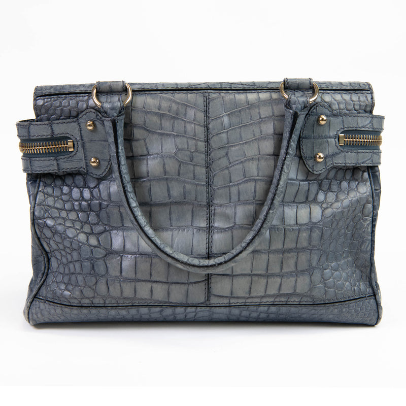 Max Mara Blue Double Handle Crocodile Embossed Leather Shoulder Bag