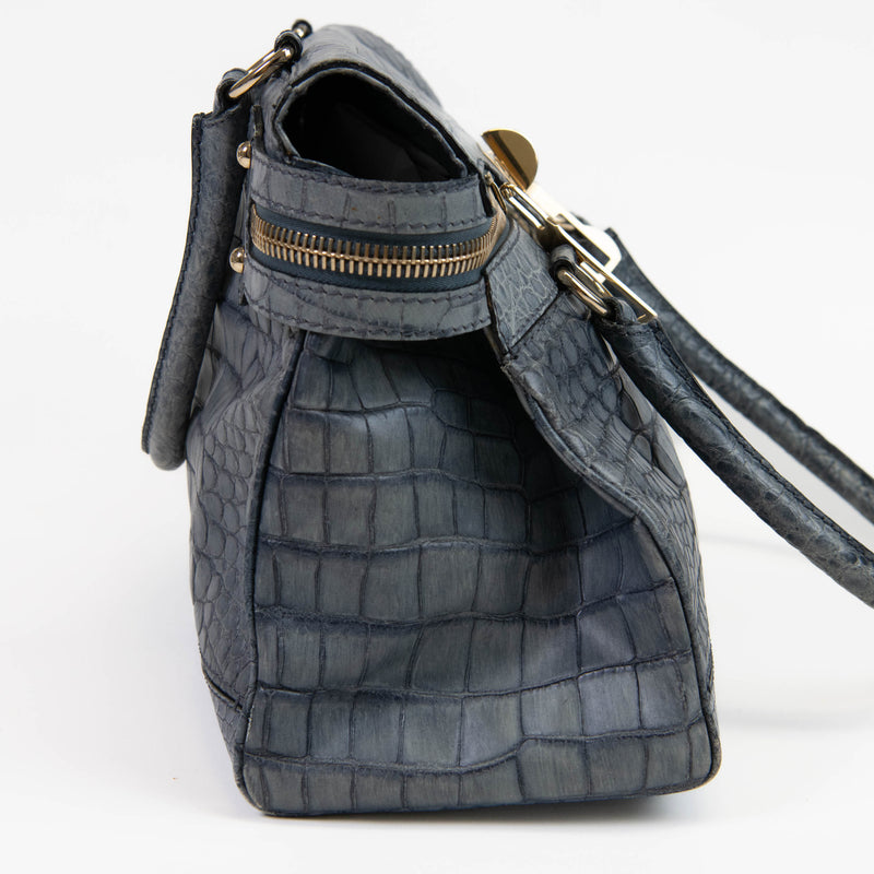 Max Mara Blue Double Handle Crocodile Embossed Leather Shoulder Bag