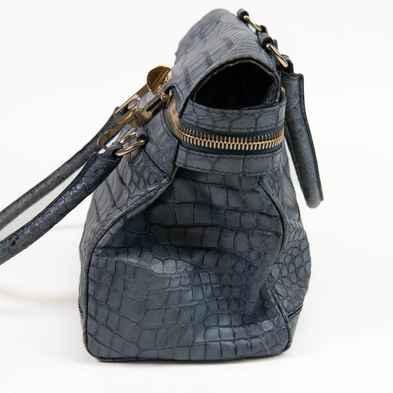 Max Mara Blue Double Handle Crocodile Embossed Leather Shoulder Bag