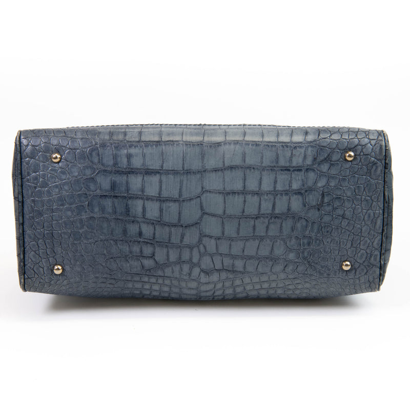 Max Mara Blue Double Handle Crocodile Embossed Leather Shoulder Bag