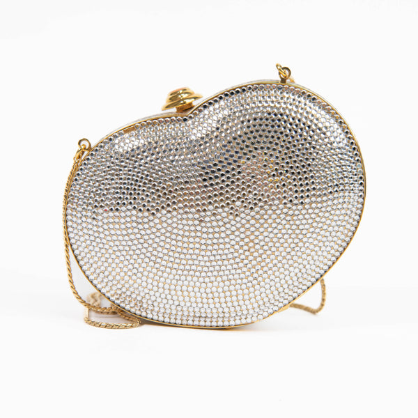 Judith Leiber Metallic Silver and Gold Chain-link Crystal Heart Clutch