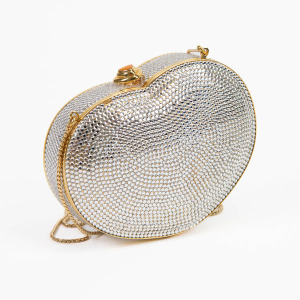 Judith Leiber Metallic Silver and Gold Chain-link Crystal Heart Clutch